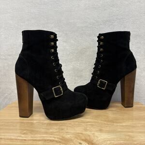 Steve Madden Carnaby Black Suede Lace-Up Platform Boots | Chunky Wooden Heel 6.5